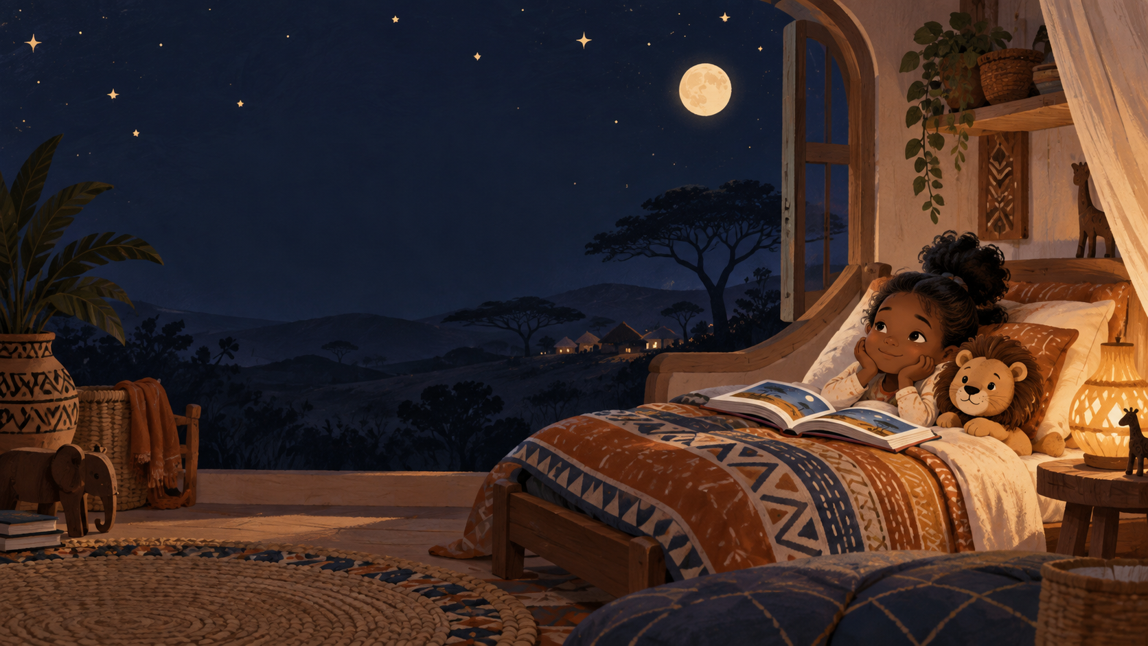 A child resting beside an open storybook and toy lion in a warm bedroom under a moonlit African sky